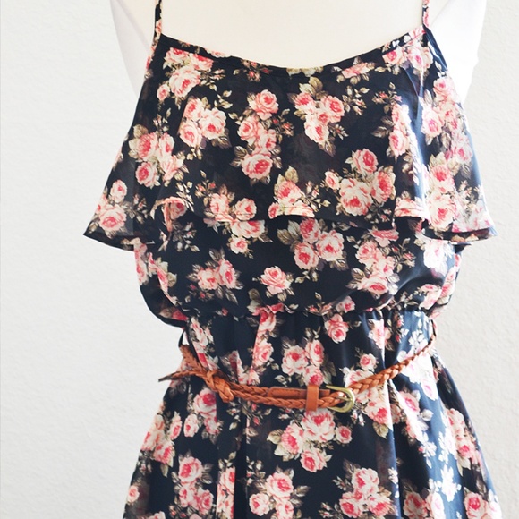 Black Floral Ruffle Dress with Belt Size Large - Picture 2 of 5